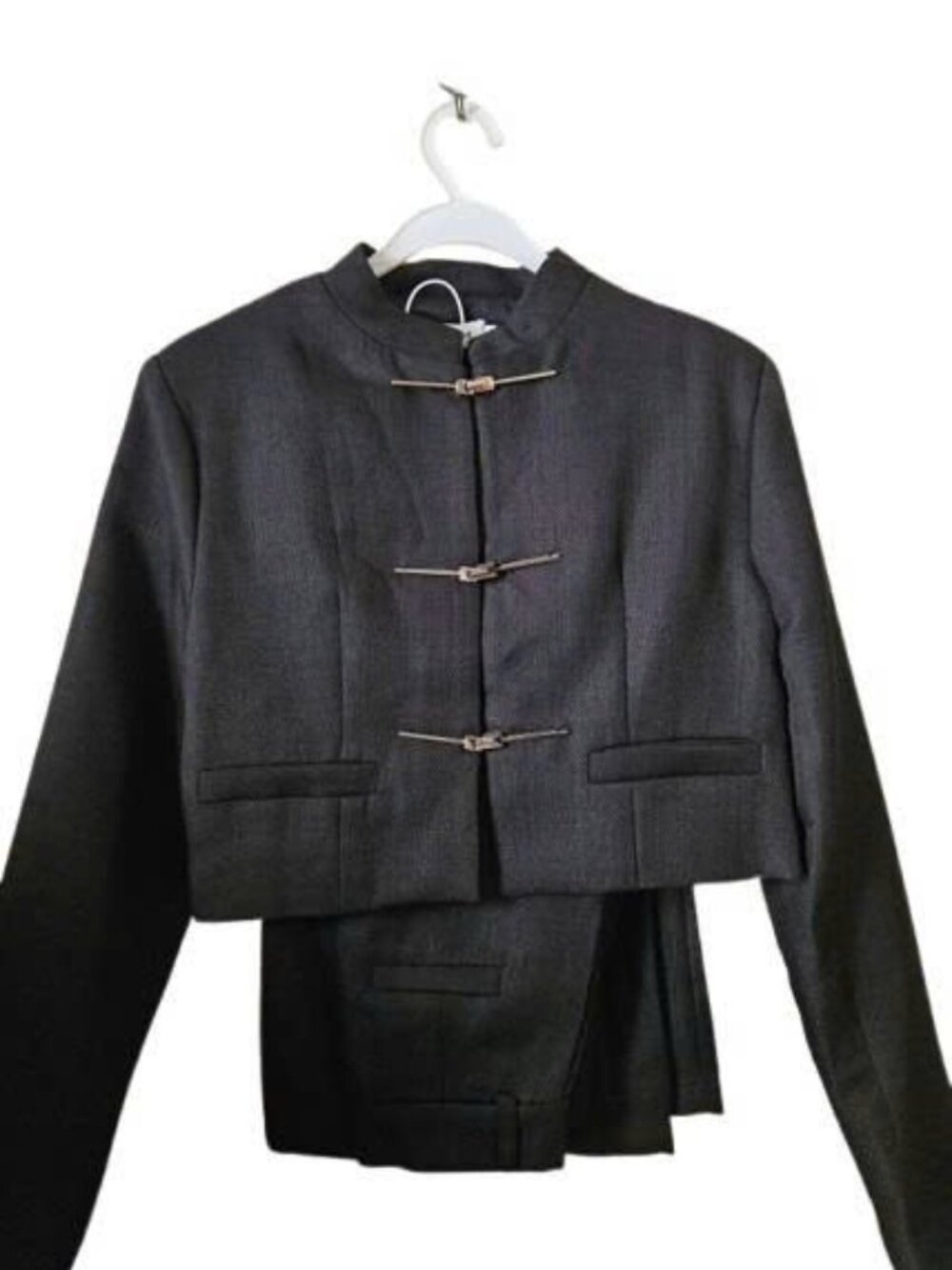 Chic Dark Grey Cropped Blazer & High-Waisted Pants Set